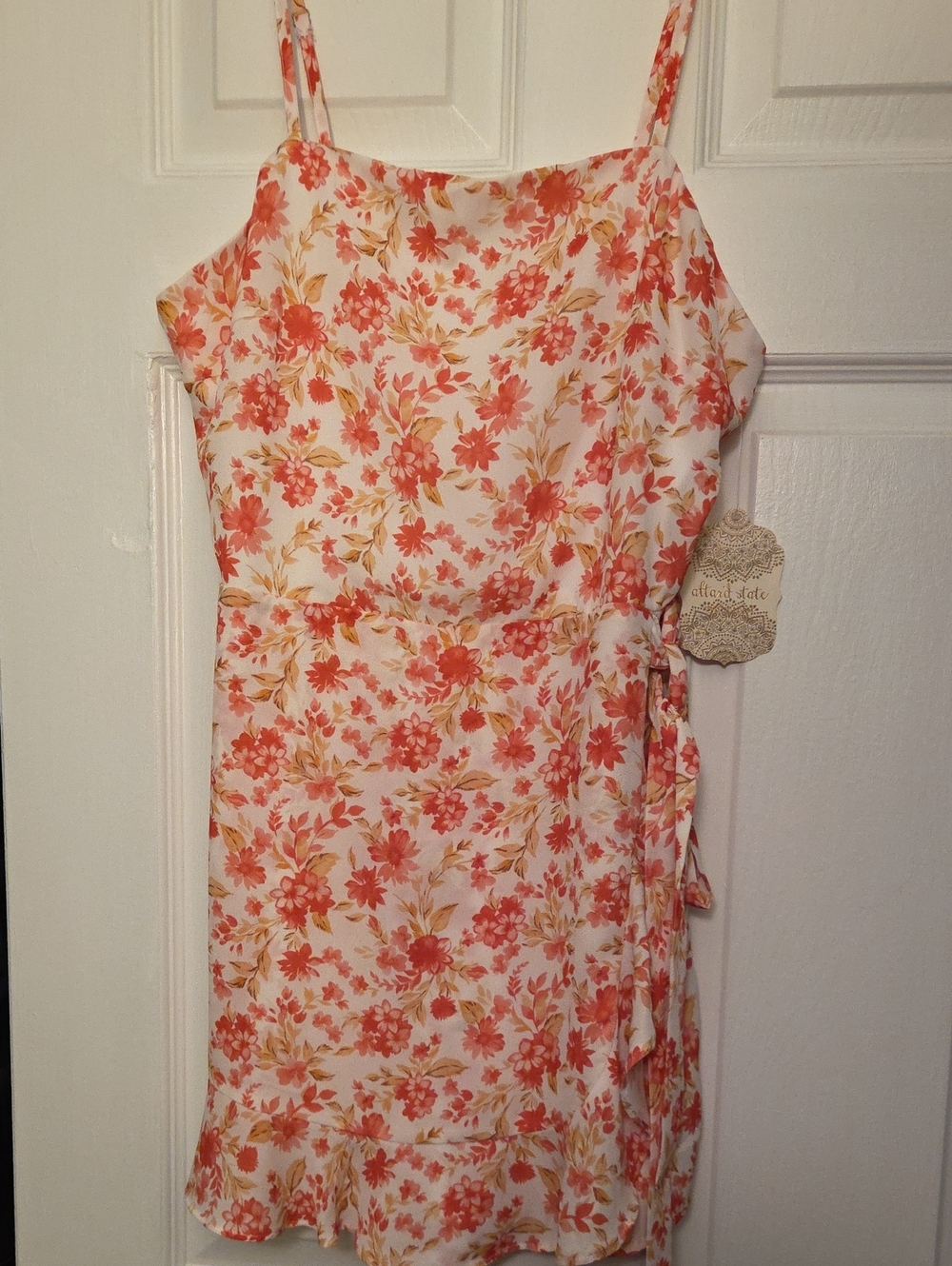 Altar'd State Coral and Cream Floral Wrap Mini Romper
